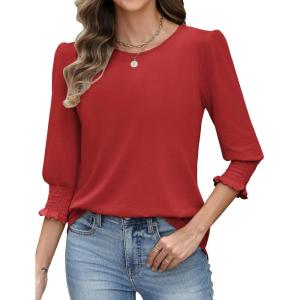 Zeagoo 3/4 Length Sleeve Blouse Pleated Tops Tunics for Women Dressy Shirt Business Casual(Fiery Red)