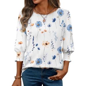 Zeagoo 3/4 Length Sleeve Blouse Pleated Tops Tunics for Women Dressy Shirt Business Casual(Floral White)
