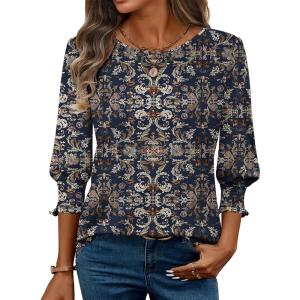 Zeagoo 3/4 Length Sleeve Blouse Pleated Tops Tunics for Women Dressy Shirt Business Casual(Navy Khaki Blessing)