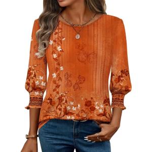 Zeagoo 3/4 Length Sleeve Blouse Pleated Tops Tunics for Women Dressy Shirt Business Casual(Orange Floral Printed)