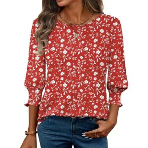 Zeagoo 3/4 Length Sleeve Blouse Pleated Tops Tunics for Women Dressy Shirt Business Casual(Vintage Red Ditsy)