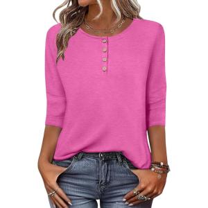 Zeagoo 3/4 Length Sleeve Women Tops Crew Neck Blouses Dressy Casual Summer T Shirts Loose Fit Business Work Clothes(Pink)