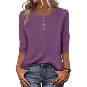 Zeagoo 3/4 Length Sleeve Women Tops Crew Neck Blouses Dressy Casual Summer T Shirts Loose Fit Business Work Clothes(Purple)