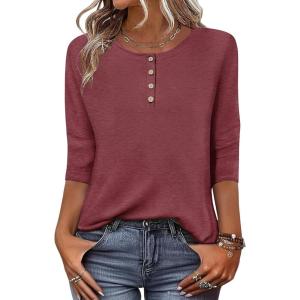 Zeagoo 3/4 Length Sleeve Women Tops Crew Neck Blouses Dressy Casual Summer T Shirts Loose Fit Business Work Clothes(Wine Red)