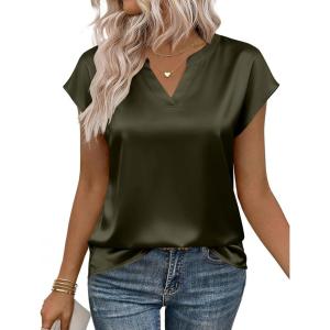 Zeagoo Women Tops Silk Satin Blouses V Neck Summer Shirts Cap Sleeve Business Casual Dressy Spring Clothing(Army Green)