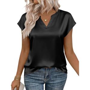 Zeagoo Women Tops Silk Satin Blouses V Neck Summer Shirts Cap Sleeve Business Casual Dressy Spring Clothing(Black)