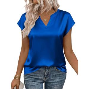 Zeagoo Women Tops Silk Satin Blouses V Neck Summer Shirts Cap Sleeve Business Casual Dressy Spring Clothing(Blue)