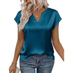Zeagoo Women Tops Silk Satin Blouses V Neck Summer Shirts Cap Sleeve Business Casual Dressy Spring Clothing(Blue Green)