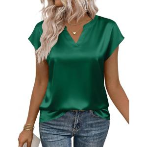 Zeagoo Women Tops Silk Satin Blouses V Neck Summer Shirts Cap Sleeve Business Casual Dressy Spring Clothing(Green)