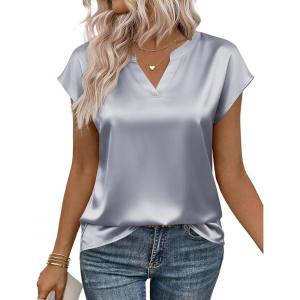 Zeagoo Women Tops Silk Satin Blouses V Neck Summer Shirts Cap Sleeve Business Casual Dressy Spring Clothing(Light Grey)