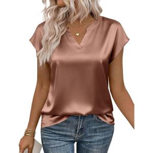 Zeagoo Women Tops Silk Satin Blouses V Neck Summer Shirts Cap Sleeve Business Casual Dressy Spring Clothing(Light Khaki)