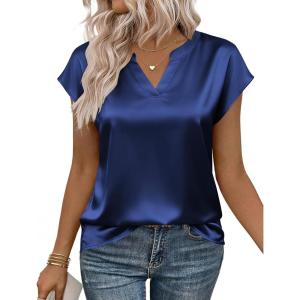 Zeagoo Women Tops Silk Satin Blouses V Neck Summer Shirts Cap Sleeve Business Casual Dressy Spring Clothing(Navy Blue)