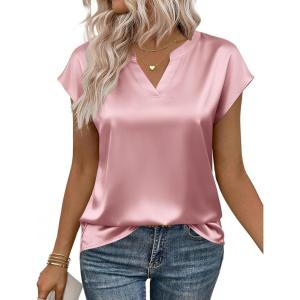 Zeagoo Women Tops Silk Satin Blouses V Neck Summer Shirts Cap Sleeve Business Casual Dressy Spring Clothing(Pink)
