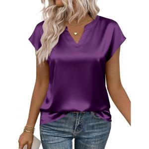 Zeagoo Women Tops Silk Satin Blouses V Neck Summer Shirts Cap Sleeve Business Casual Dressy Spring Clothing(Purple)