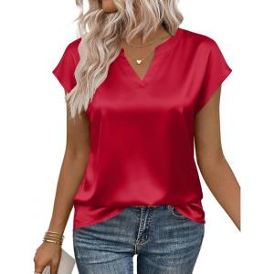 Zeagoo Women Tops Silk Satin Blouses V Neck Summer Shirts Cap Sleeve Business Casual Dressy Spring Clothing(Red)