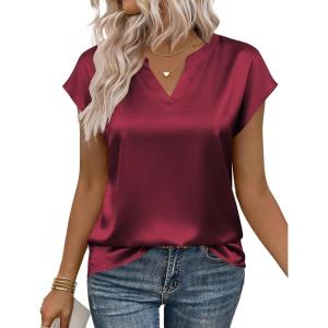 Zeagoo Women Tops Silk Satin Blouses V Neck Summer Shirts Cap Sleeve Business Casual Dressy Spring Clothing(Wine Red)