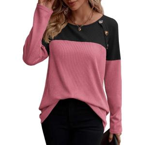 Zeagoo Women Waffle Knit Shirts Long Sleeve Colorblock Tee Button Detail Tunics(Black+mauve)