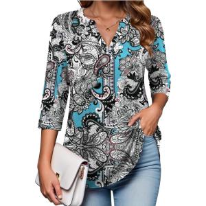 Zeagoo Womens 3/4 Length Sleeve Tops V Neck Tunic Casual Dressy Blouse Floral Printed Shirts(Boho Mz906)