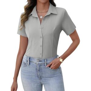 Zeagoo Women’s Button Down Shirts Short Sleeve Dress Shirts Basic Business Collared Work Blouses(Grey)