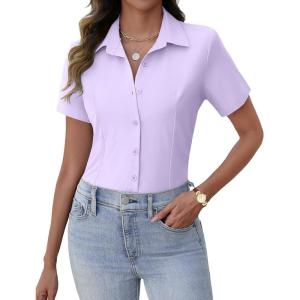Zeagoo Women’s Button Down Shirts Short Sleeve Dress Shirts Basic Business Collared Work Blouses(Lilac)