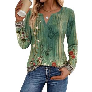 Zeagoo Womens Long Sleeve Tops 2026 V Neck Pleated Shirts Dressy Casual Tunic Blouses Loose Fit Fall Fashion Clothes(Bb-green-printed)