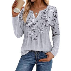 Zeagoo Womens Long Sleeve Tops 2026 V Neck Pleated Shirts Dressy Casual Tunic Blouses Loose Fit Fall Fashion Clothes(Grey Floral-printed)