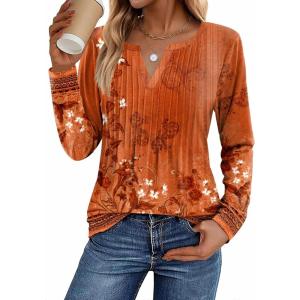 Zeagoo Womens Long Sleeve Tops 2026 V Neck Pleated Shirts Dressy Casual Tunic Blouses Loose Fit Fall Fashion Clothes(Mz867)