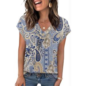 Zeagoo Womens Tops Short Sleeve V Neck Shirts Summer Dressy Casual Business Clothes Work Blouses Fashion Clothing Outfits(Mz919 Western)