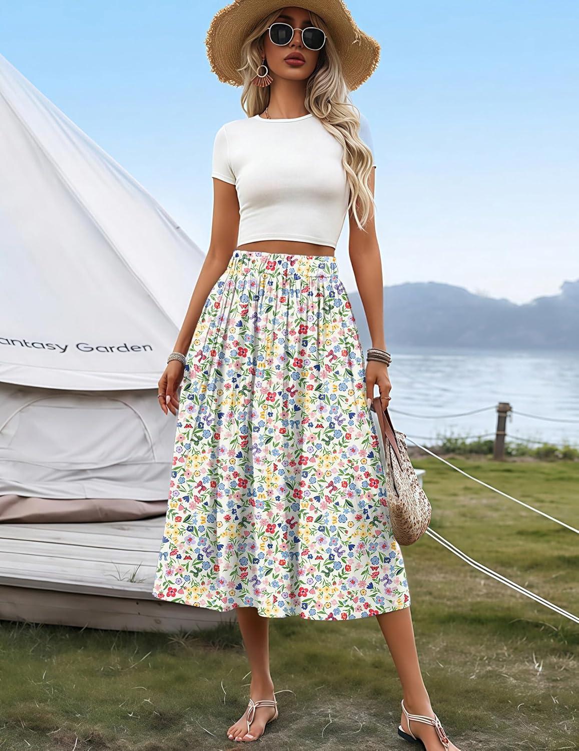 imageZeagoo Womens Midi Skirts High Waisted Pleated ALine Swing Skirts Summer Floral Long Skirts with PocketsBeige Floral