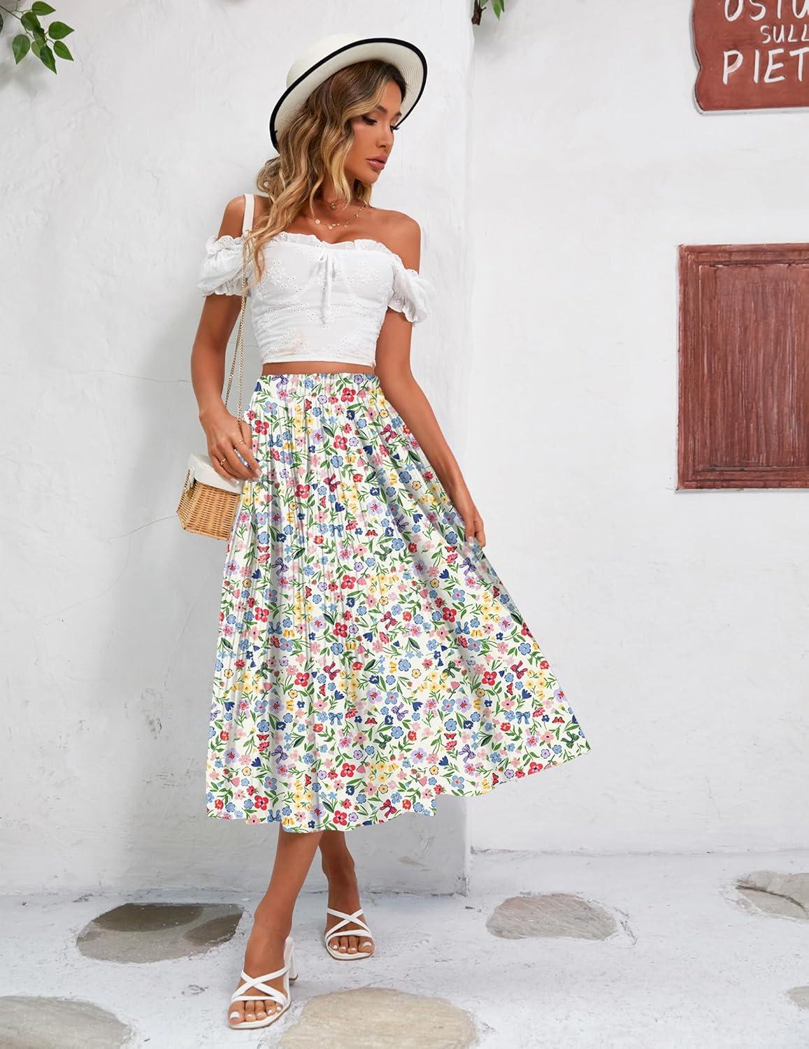 imageZeagoo Womens Midi Skirts High Waisted Pleated ALine Swing Skirts Summer Floral Long Skirts with PocketsBeige Floral