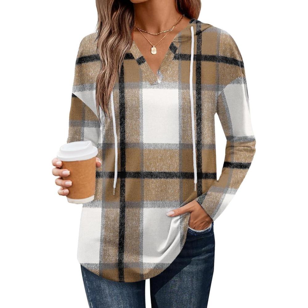 imageZeagoo Hoodies for Women Long Sleeve Drawstring V Neck Pullover Sweatshirts Shirts Loose Casual Fall TopsA01brown Plaid