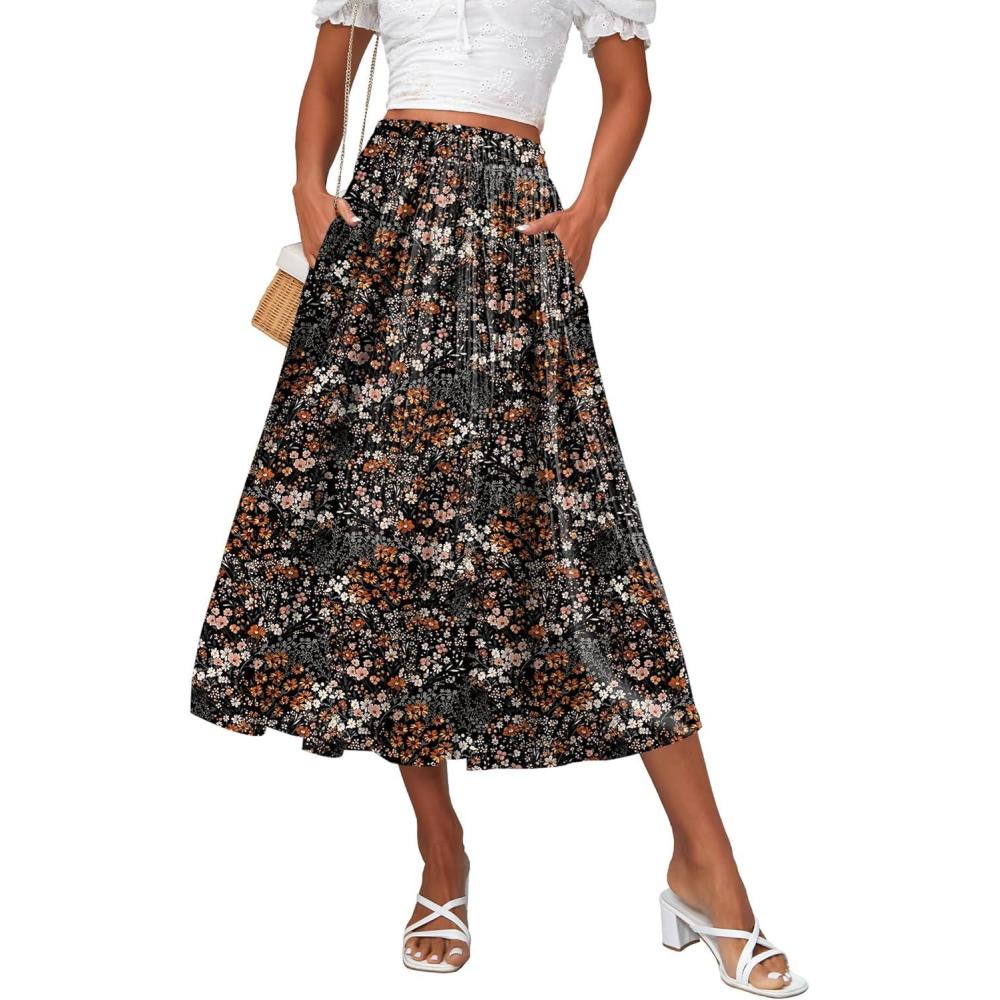 imageZeagoo Womens Midi Skirts High Waisted Pleated ALine Swing Skirts Summer Floral Long Skirts with Pockets04black Floral