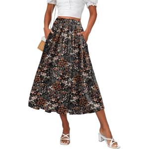 Zeagoo Women’s Midi Skirts High Waisted Pleated A-Line Swing Skirts Summer Floral Long Skirts with Pockets(04-black Floral)