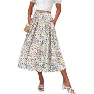 Zeagoo Women’s Midi Skirts High Waisted Pleated A-Line Swing Skirts Summer Floral Long Skirts with Pockets(Beige Floral)
