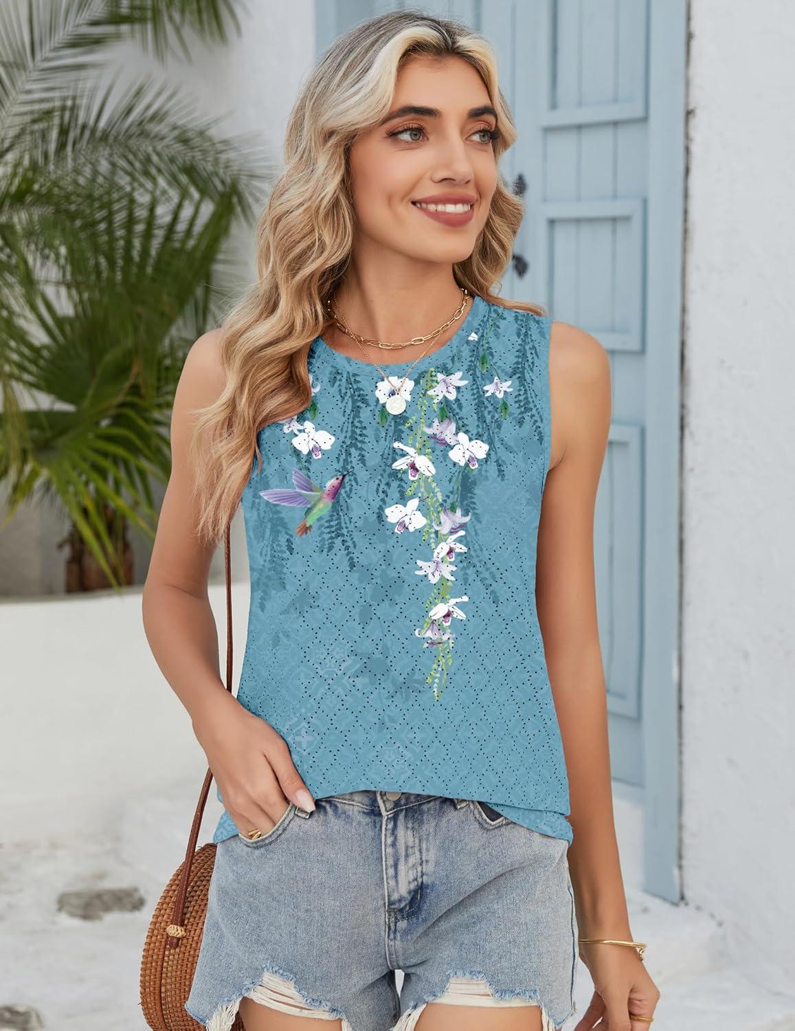 imageZeagoo Tank Tops for Women Sleeveless Eyelet Shirts High Neck Cute Summer Top Loose Fit SXXLFloral Bf202