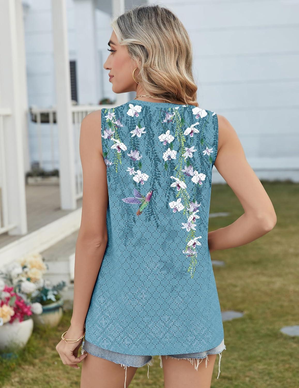 imageZeagoo Tank Tops for Women Sleeveless Eyelet Shirts High Neck Cute Summer Top Loose Fit SXXLFloral Bf202
