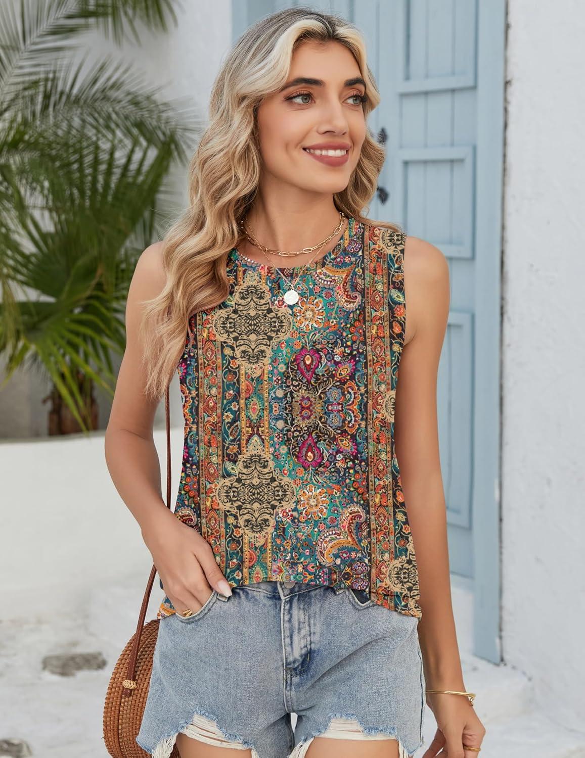 imageZeagoo Tank Tops for Women Sleeveless Eyelet Shirts High Neck Cute Summer Top Loose Fit SXXLFloral Mz721