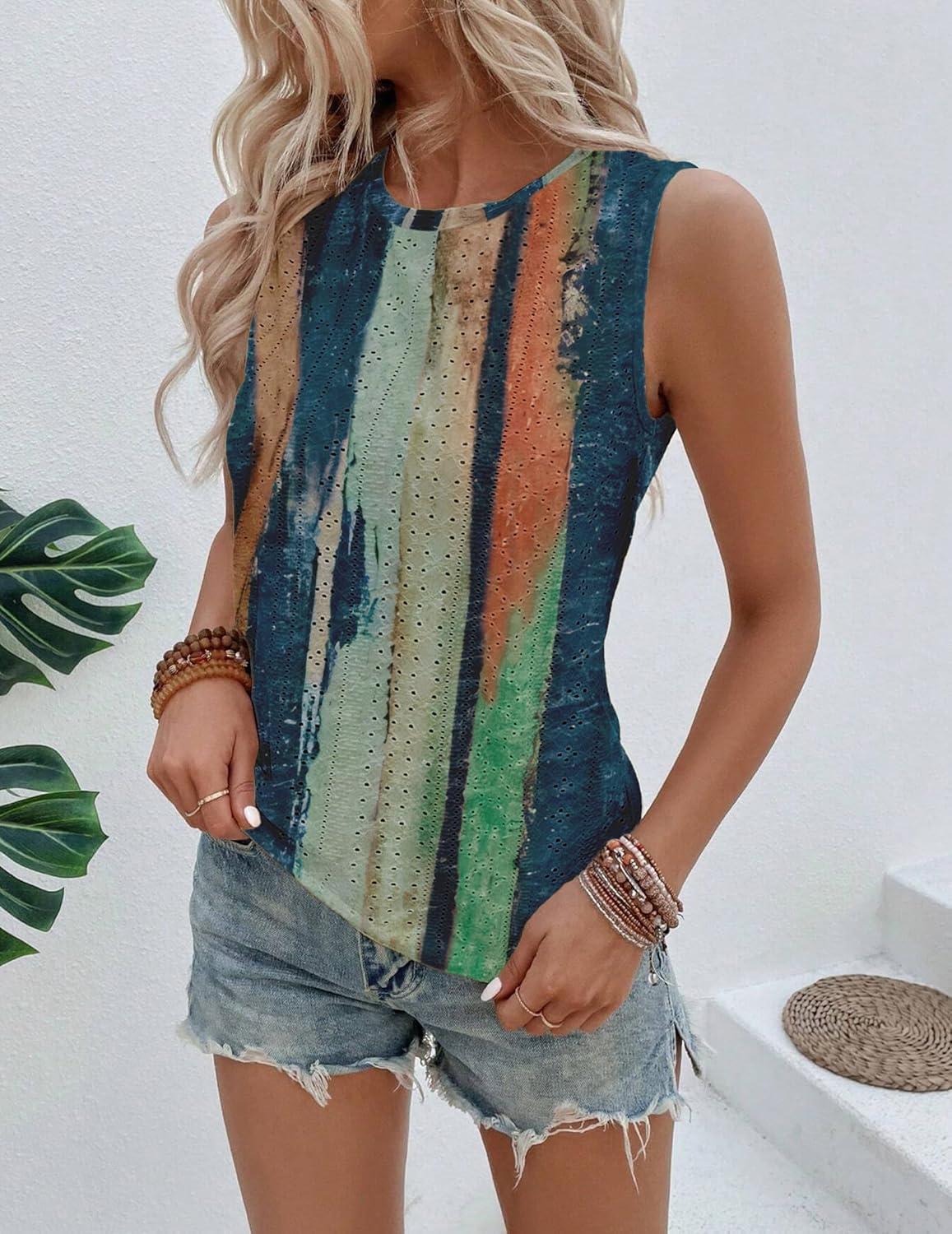 imageZeagoo Tank Tops for Women Sleeveless Eyelet Shirts High Neck Cute Summer Top Loose Fit SXXLZfloral Cx289