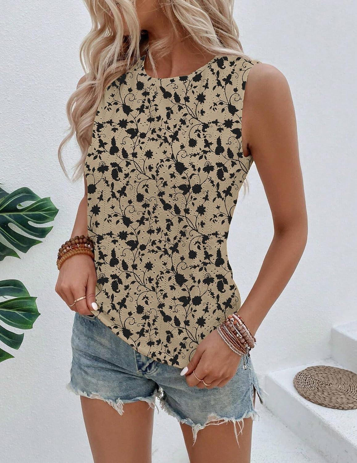 imageZeagoo Tank Tops for Women Sleeveless Eyelet Shirts High Neck Cute Summer Top Loose Fit SXXLZfloral Sf154