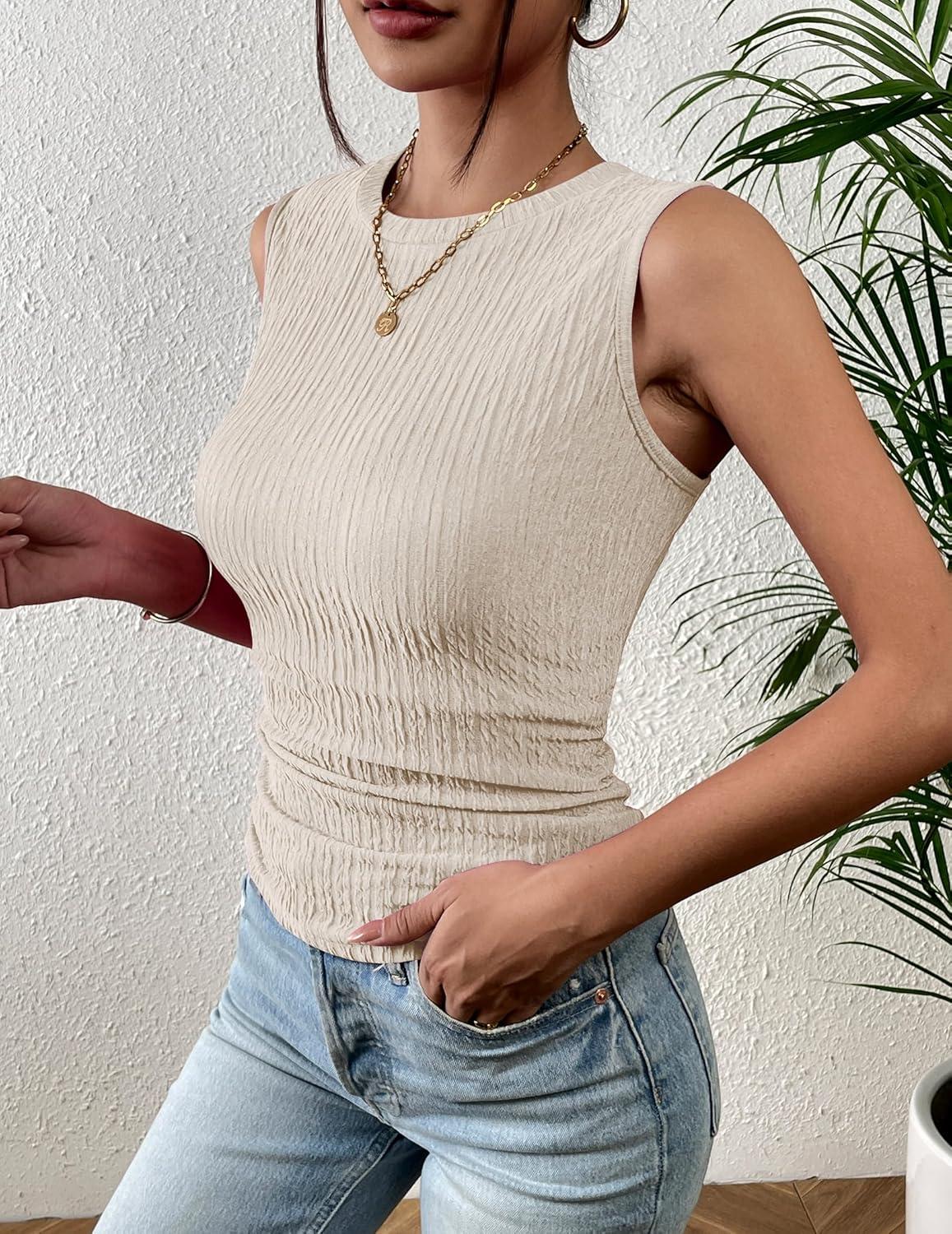 imageZeagoo Womens High Neck Tank Top 2026 Summer Casual Ribbed Knit Slim Fitted Basic Textured Sleeveless Shirts2 Pack Beige Mz721