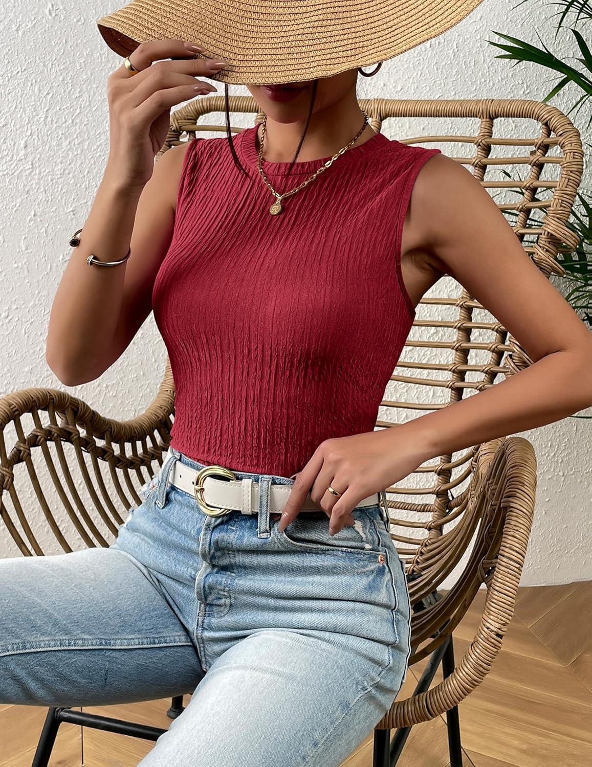 imageZeagoo Womens High Neck Tank Top 2026 Summer Casual Ribbed Knit Slim Fitted Basic Textured Sleeveless Shirts2 Pack Black Red