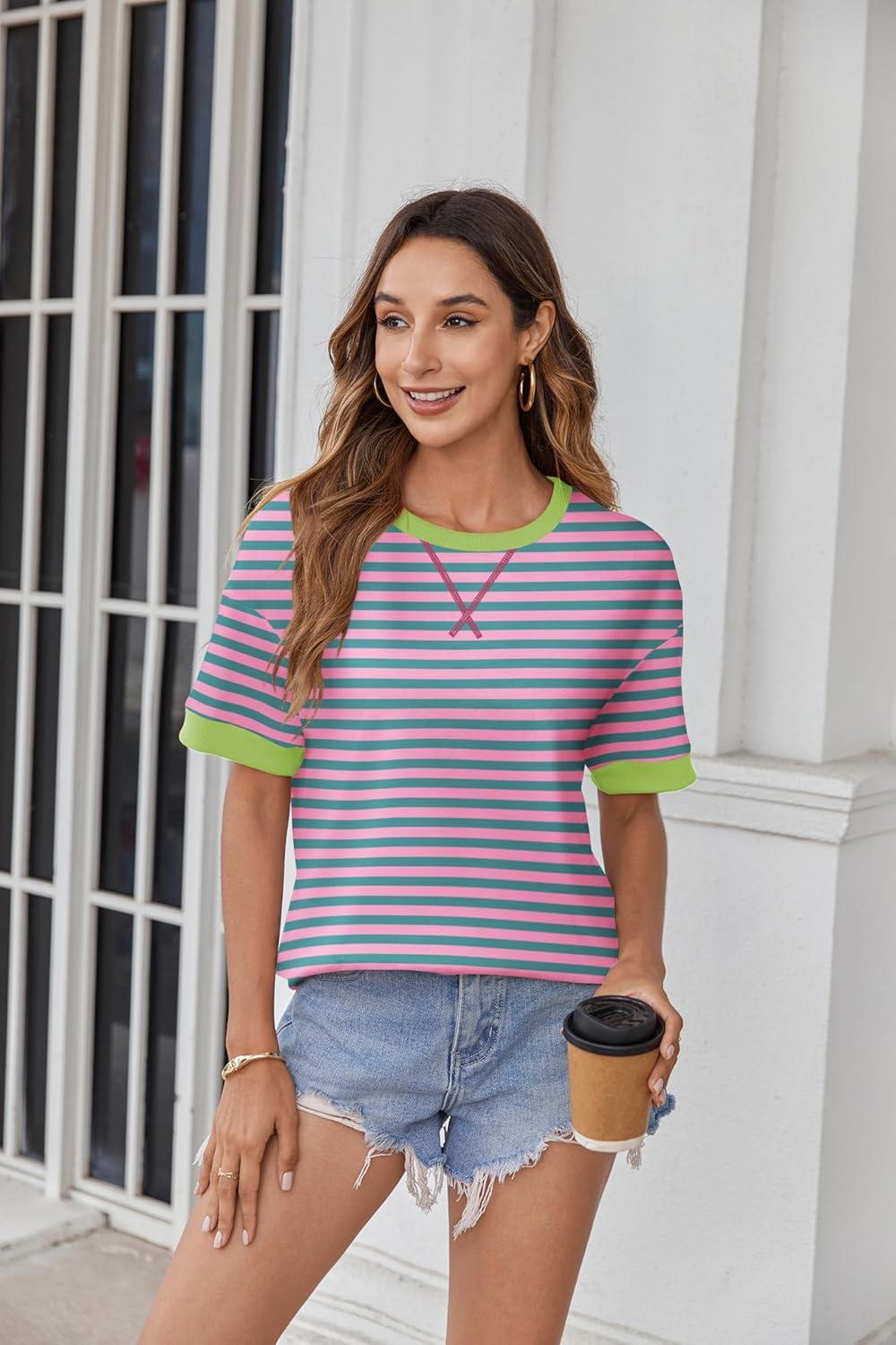imageZeagoo Womens Tops Casual Oversized Short Sleeve Sweatshirt Summer Striped Shirt Crewneck Pullover Loose T Shirts BlousePinkgreen