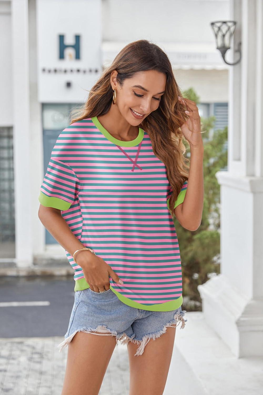 imageZeagoo Womens Tops Casual Oversized Short Sleeve Sweatshirt Summer Striped Shirt Crewneck Pullover Loose T Shirts BlousePinkgreen