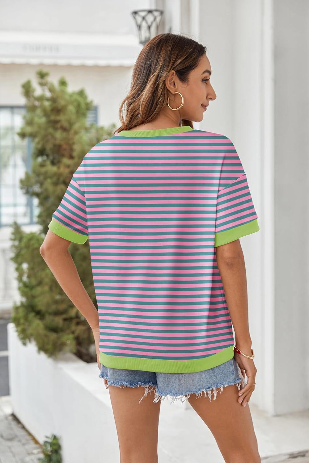 imageZeagoo Womens Tops Casual Oversized Short Sleeve Sweatshirt Summer Striped Shirt Crewneck Pullover Loose T Shirts BlousePinkgreen