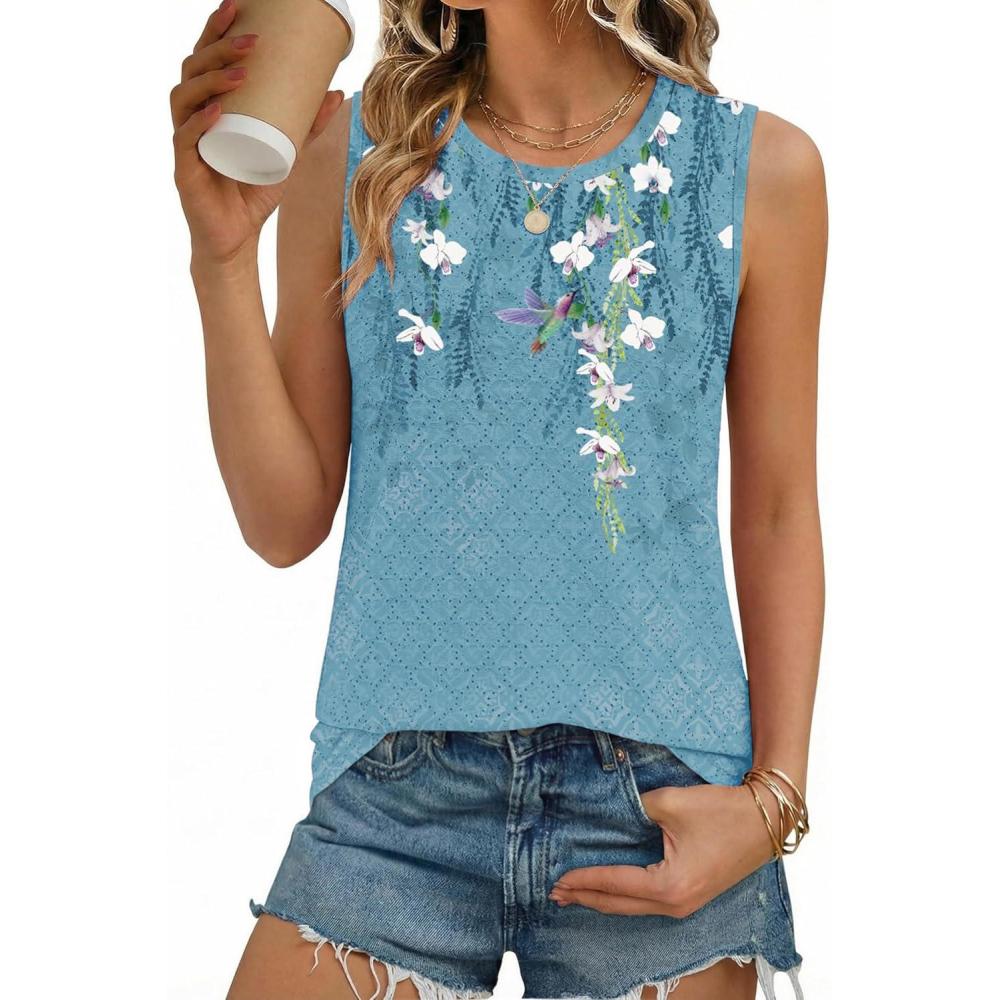 imageZeagoo Tank Tops for Women Sleeveless Eyelet Shirts High Neck Cute Summer Top Loose Fit SXXLFloral Bf202