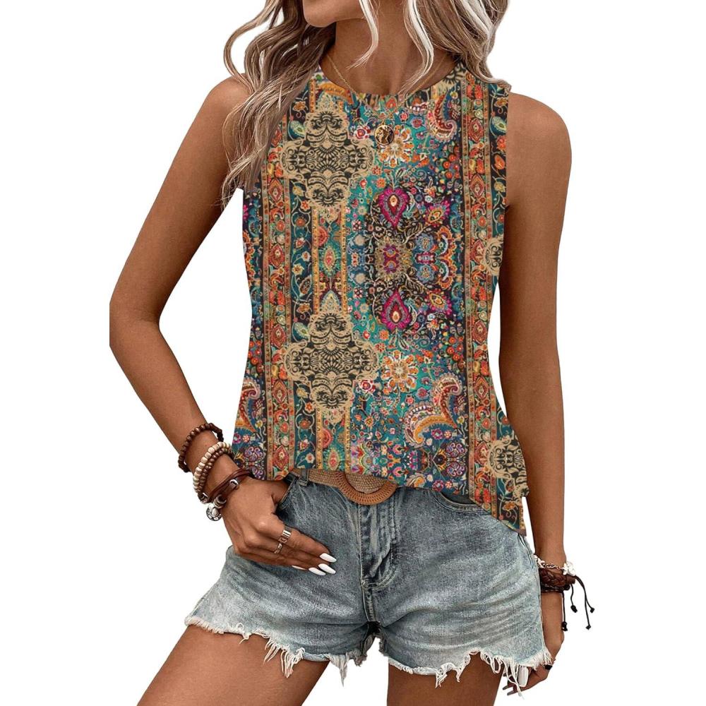 imageZeagoo Tank Tops for Women Sleeveless Eyelet Shirts High Neck Cute Summer Top Loose Fit SXXLFloral Mz721