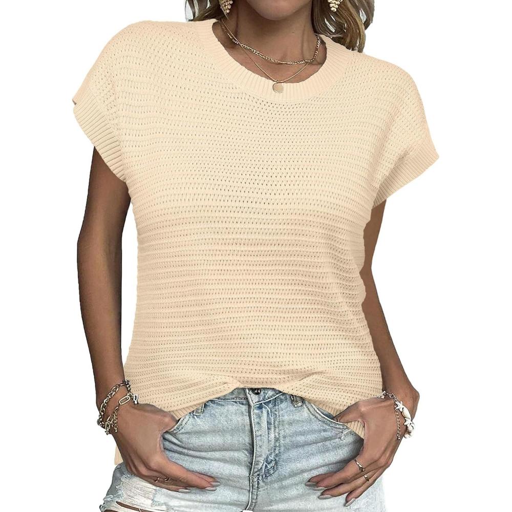imageZeagoo Womens Cap Sleeve Sweaters Vest Crew Neck Knit Sweater Tops 2026 Casual Summer Sleeveless T ShirtApricot