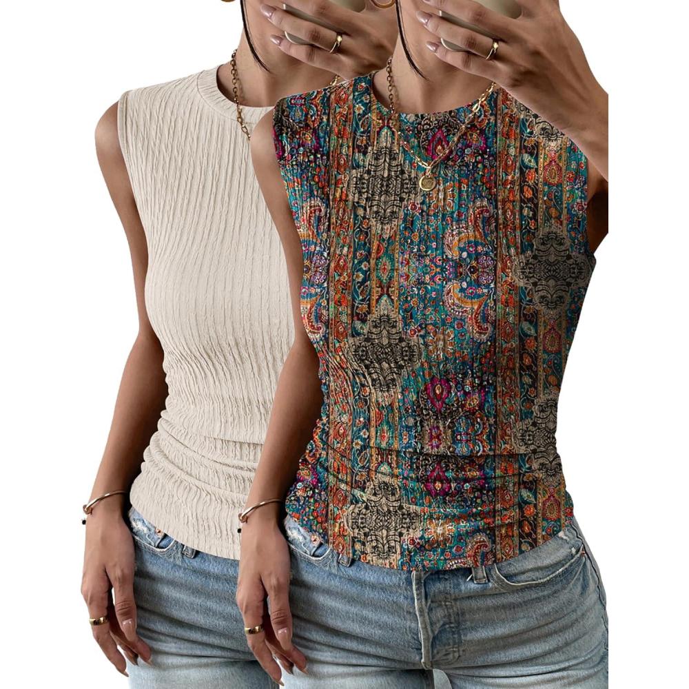 imageZeagoo Womens High Neck Tank Top 2026 Summer Casual Ribbed Knit Slim Fitted Basic Textured Sleeveless Shirts2 Pack Beige Mz721