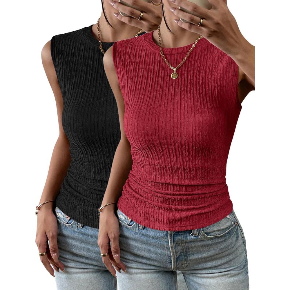 imageZeagoo Womens High Neck Tank Top 2026 Summer Casual Ribbed Knit Slim Fitted Basic Textured Sleeveless Shirts2 Pack Black Red