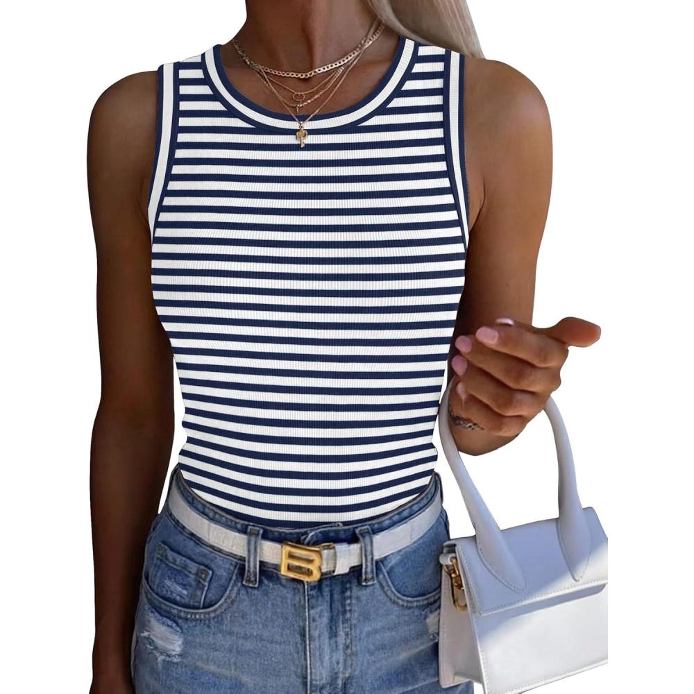 imageZeagoo Womens Sleeveless Crewneck Ribbed Tank Tops Casual Basic Summer Top Slim Fitted Racerback ShirtsNavy White Stripe